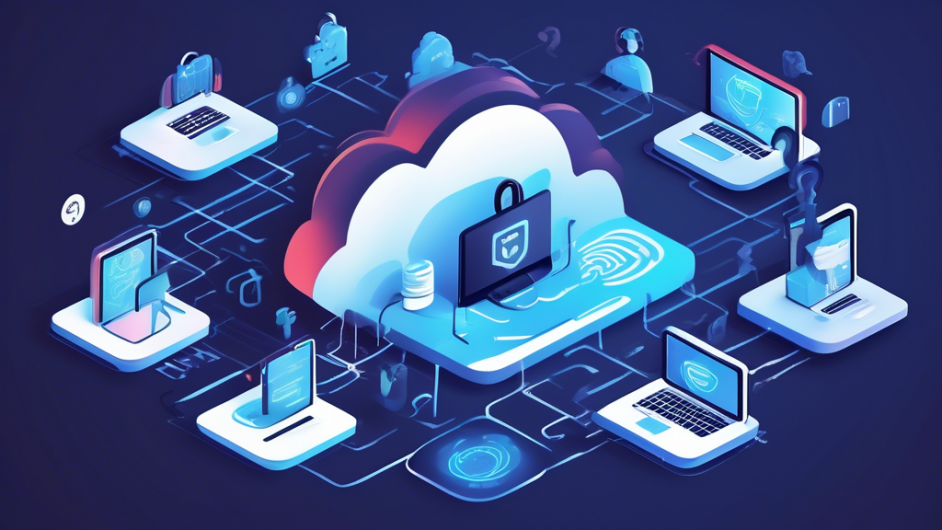 Create a detailed illustration showing various strategies to protect data online. The scene should include a variety of elements such as a person using a strong password, a computer with antivirus software, a VPN connection, two-step verification on a phone, encrypted cloud storage symbols, and secure Wi-Fi connections. Each element should be clearly labeled to emphasize the importance of different cybersecurity measures. The overall style should be modern and informative, with vibrant colors that attract attention.