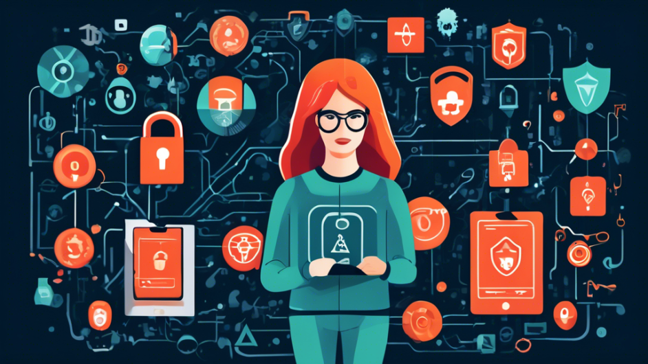 Create a digital illustration showing a person surrounded by various cybersecurity elements: a secure lock for passwords, an incognito browser for private browsing, a shield for antivirus protection, a VPN icon, encrypted messages, and icons representing two-factor authentication. The background should subtly display a network matrix to symbolize the internet.