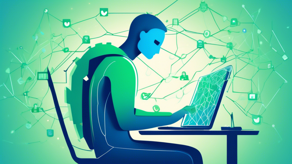 Create an image of a person sitting at a computer with a shield icon on the screen, symbolizing online protection. The background should show a subtle pattern of interconnected digital networks. Include padlock symbols around the shield to emphasize security. The general color theme should be calming blues and greens to represent safety and privacy.