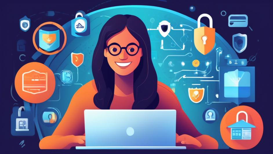 Create a detailed illustration depicting a person using a laptop at home, surrounded by symbols of internet privacy. Include elements such as a lock, fingerprint scanner, VPN shield, private browsing icon, and secure password key. Show the person smiling confidently, knowing they are safe online. The background should have subtle icons of encryption and cybersecurity, conveying a sense of a secure digital environment.