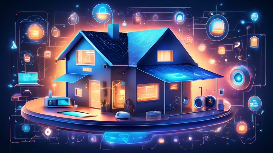 Create an image of a futuristic smart home filled with various IoT devices, such as smart lights, speakers, and security cameras. Include digital symbols representing data privacy and security, like padlocks, shields, and encrypted codes, floating around the devices. The overall atmosphere should convey a sense of advanced technology balanced with robust security measures.