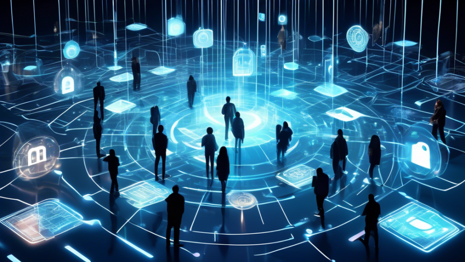 Create an image of a virtual world where abstract representations of locks, shields, and secure keys float in a digital landscape. Show avatars of diverse people using computers and smartphones, surrounded by a protective web of glowing lines and symbols. The background features futuristic buildings with transparent walls showing circuits and codes, emphasizing a secure and interconnected online environment.