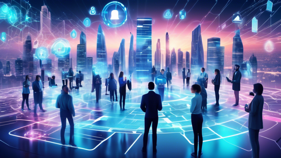 Create an image of a futuristic, secure digital landscape in 2023, featuring a diverse group of people using various devices like smartphones, laptops, and tablets with visible data protection symbols (like locks and shields). The background should illustrate high-tech cities with holographic interfaces, encrypted data streams, and cybersecurity holograms guarding against threats. Emphasize diversity, connectivity, and state-of-the-art privacy measures.