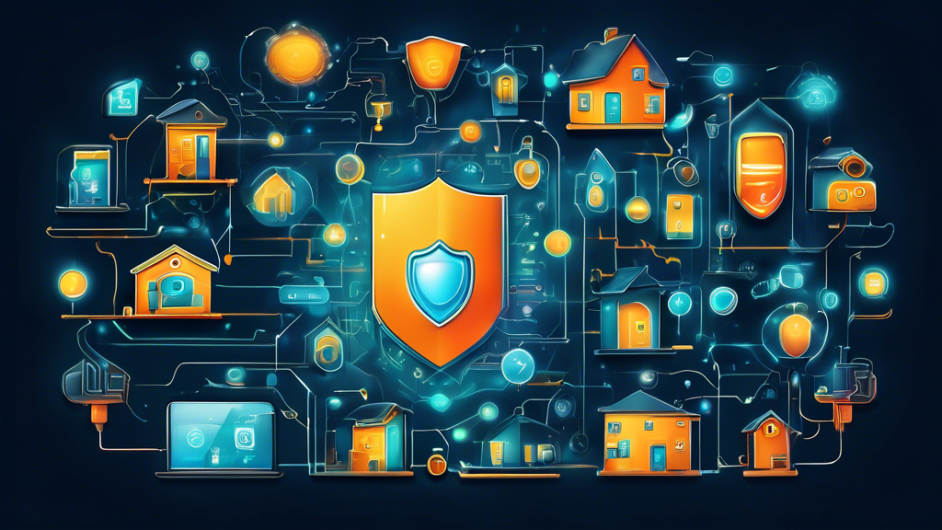 Create an illustration showing a smart home filled with various IoT devices like smart lights, thermostats, and security cameras, all protected by a shield symbolizing security and privacy. The shield should incorporate elements like a lock, encryption padlocks, and a firewall, ensuring the safety of the interconnected devices.