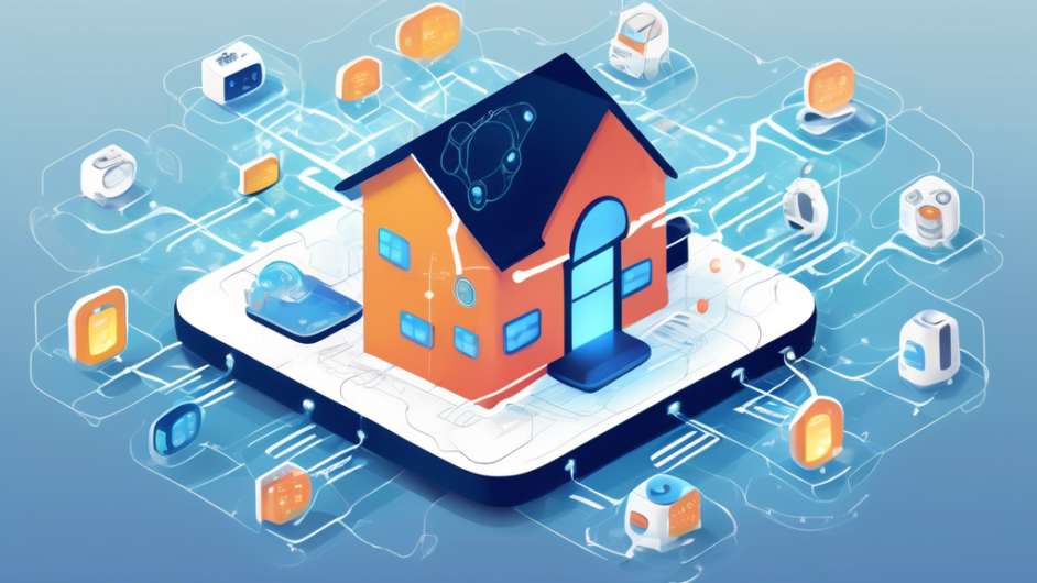 Create an illustration of a futuristic smart home filled with interconnected Internet of Things (IoT) devices, where a digital shield icon hovers above to signify robust security. Each device, from smart thermostats to connected refrigerators, has lock symbols indicating strong privacy measures. The background shows a network grid with encrypted data flows, conveying a sense of advanced technology and safety.