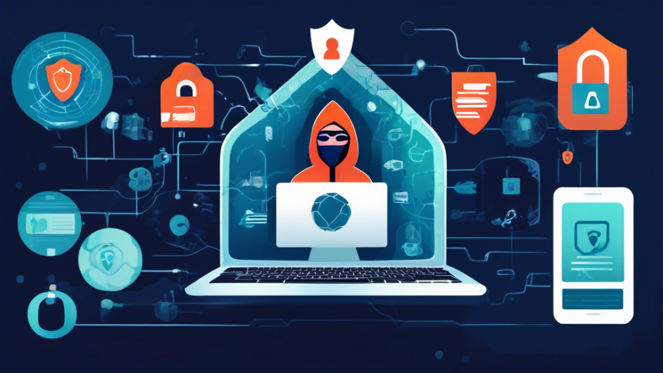 A detailed illustration showcasing various methods for protecting online privacy: an individual using a computer with a VPN shield icon, strong passwords, 2-factor authentication, encrypted messaging, a padlock symbol on a browser, and secure settings on social media accounts. The background features abstract representations of cyber threats such as hackers, malware, and phishing attempts.