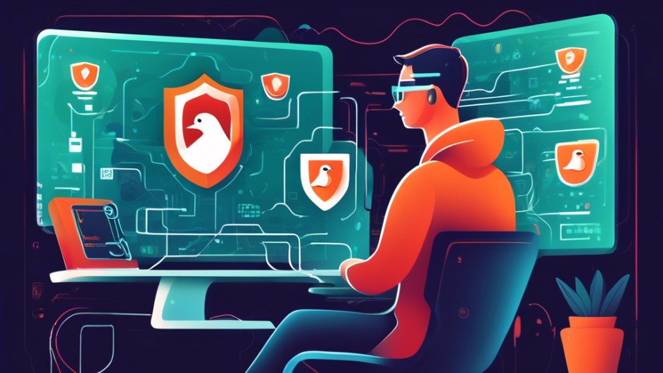 Create a digital illustration of a person using a computer, with DuckDuckGo and VPN icons prominently displayed on the screen. Surround the person with visual elements representing online privacy, such as shields, locks, and encrypted data symbols. The background should have a futuristic, cyber-secure look, emphasizing the concept of enhanced online privacy.