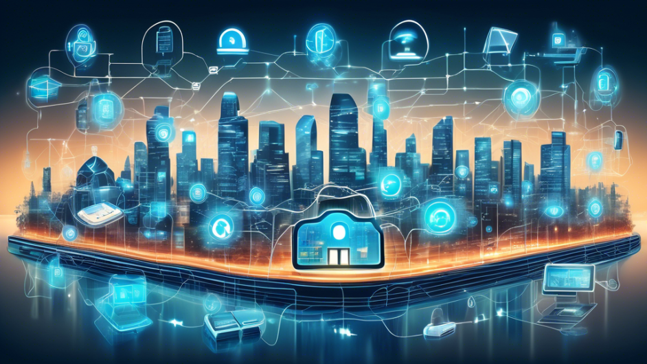 Create a detailed image of a futuristic smart city with interconnected devices, such as smart homes and autonomous vehicles, represented by icons like padlocks, shields, and data streams. Highlight the balance between advanced Internet of Things (IoT) technology and data privacy protections through visual elements like secure networks and encrypted data waves.