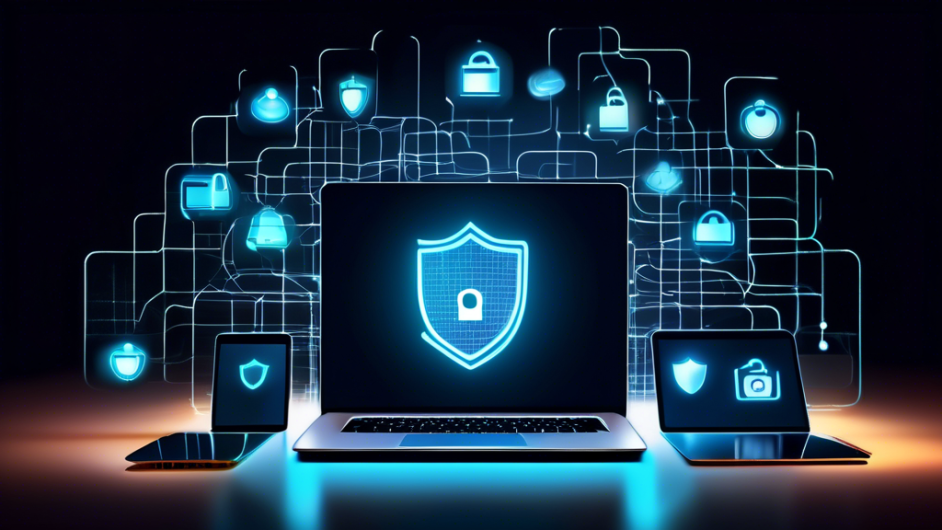 Create an image showing a glowing shield icon surrounding a laptop, tablet, and smartphone, all connected to the internet. The background should depict a digital grid or network, symbolizing data flow. Include icons of a padlock, key, and privacy symbols to represent security and protection. The overall theme should convey a sense of safety and privacy for online activities.