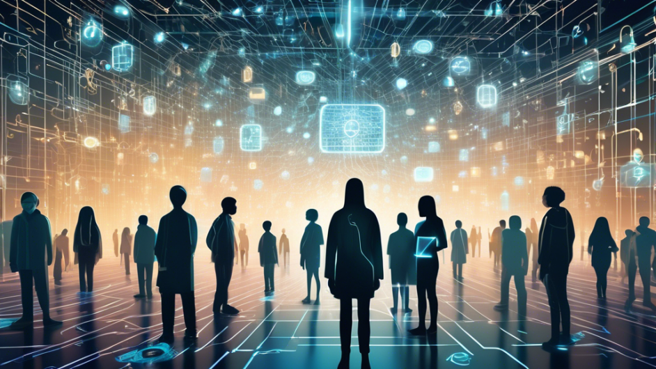 Illustrate a serene digital world where a diverse group of people are shielded by a glowing protective barrier made of ones and zeros. They are surrounded by symbolic representations of personal data like email, usernames, and passwords, which are securely locked. In the background, a vigilant guardian figure, composed of circuit board patterns, stands watch, ensuring their security. The overall atmosphere should convey safety, privacy, and digital harmony.