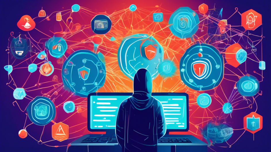 Create a digital illustration depicting a person surrounded by layers of floating shield-like symbols deflecting various online threats like phishing hooks, malware bugs, and hackers. The background shows a network of interconnected devices, emphasizing the interconnected nature of the internet. Use vibrant colors to convey a sense of security and vigilance.