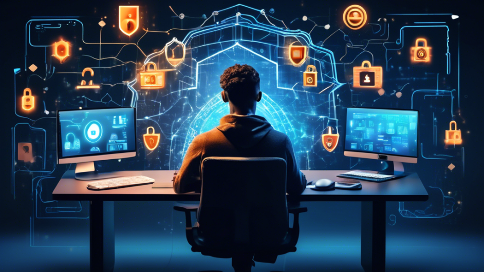 Create an image of a person sitting at a desk using a computer, surrounded by elements symbolizing online privacy: a large shield icon on the computer screen, padlocks, secure servers, and encrypted data symbols floating around. The background shows layers of security walls, and the person has a thoughtful expression, focused on cybersecurity. The room is well-lit, with a modern, sleek design to emphasize the importance of a secure digital environment.