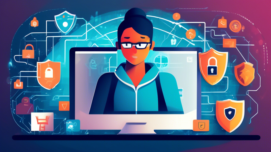 Create an illustration that encapsulates online privacy and safety tips, featuring a person using a computer with visible elements such as a padlock symbol, a shield, a VPN symbol, and secure passwords. Include icons representing two-factor authentication and beware of phishing scams, all set against a backdrop of interconnected digital networks.