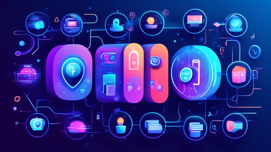 A detailed digital illustration showcasing the top 10 best internet privacy tools for 2023, each represented as a distinct, sleek icon or gadget. The background features a futuristic, high-tech environment with holograms and encrypted data streams. Icons for VPNs, password managers, secure browsers, encrypted messaging apps, and antivirus software are prominently displayed, with clear labels highlighting their names and features. The overall theme emphasizes advanced technology, security, and user privacy.