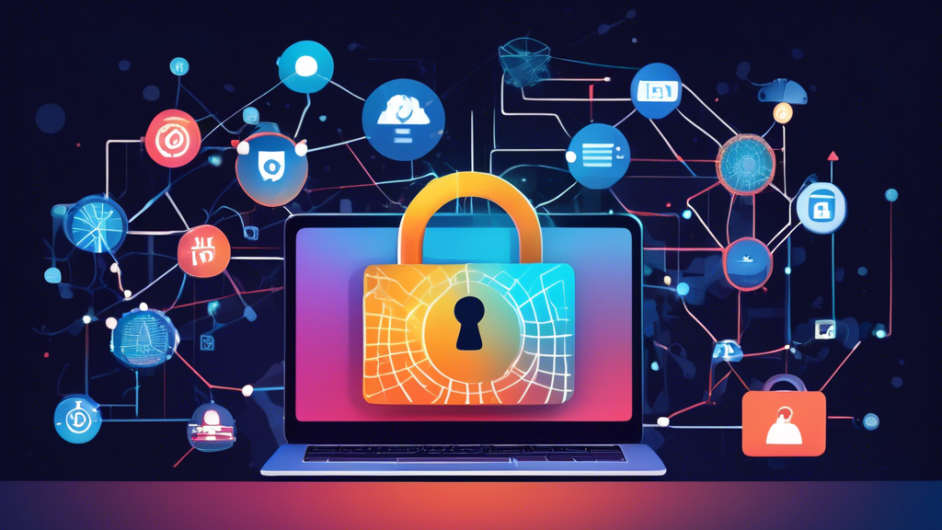 Create an image that visually represents the concept of VPNs enhancing online security. The central figure should be a laptop displaying a secured connection symbol, such as a padlock. Surround the laptop with a protective shield that has interconnected nodes and lines, symbolizing a VPN network. In the background, show various digital elements like internet data, Wi-Fi signals, and servers, giving a sense of comprehensive online protection. Include a subtle Adtran Com logo on the shield to tie it all together. The overall tone should be professional and modern, emphasizing safety and technology.