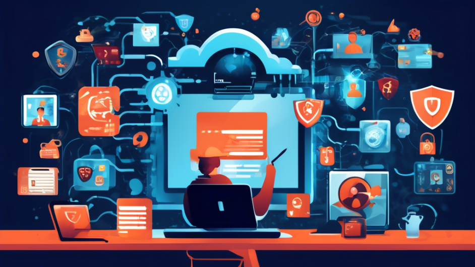 Create a digital illustration depicting web privacy and security. The scene should include a person using a laptop with a shield icon on the screen, locks and keys surrounding them, and a background filled with various icons representing online threats like viruses, phishing, and malware. The atmosphere should convey a sense of vigilance and protection, highlighting the importance of safeguarding one's online presence.