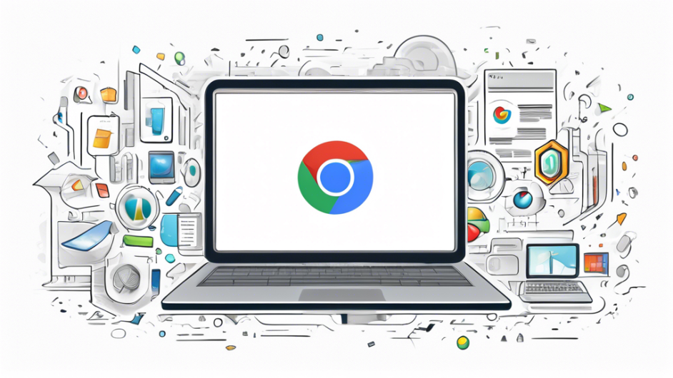 Create an image that depicts a laptop screen open to a Google Chrome browser with the Google Chrome logo prominently displayed. Surrounding the laptop, incorporate visual elements that represent privacy, such as shield icons, a padlock, and magnifying glasses analyzing data. Add a sleek and clean digital aesthetic to represent the tech nature of the subject.