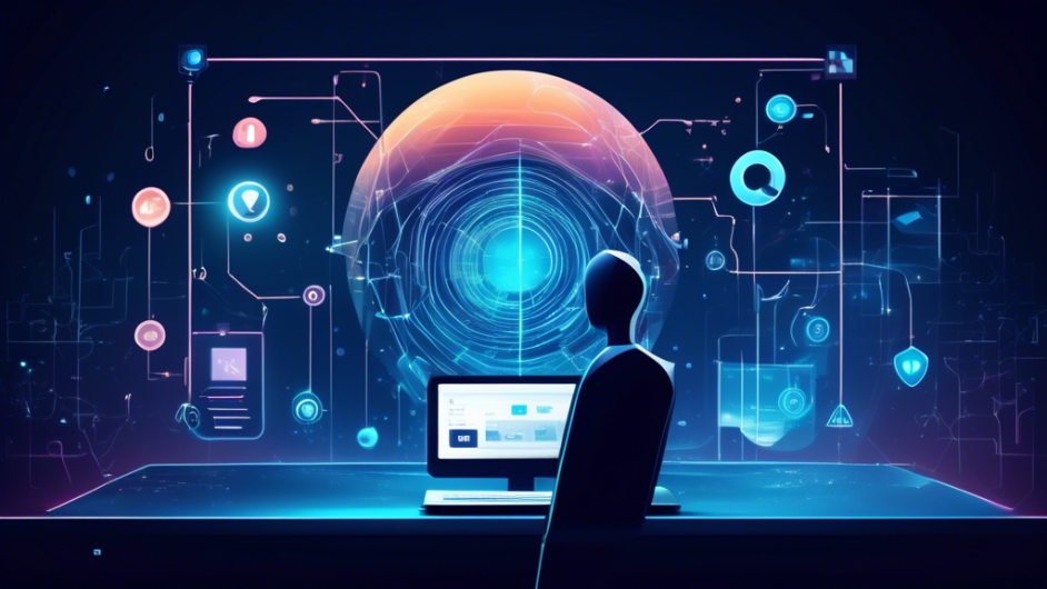 Create an image of a futuristic digital landscape showcasing a sleek and ultra-modern computer with an anonymous private browser interface on its screen. The browser window displays abstract symbols representing privacy, such as a lock, a shield, and an incognito icon. In the background, depict a serene and metaphorical visual representation of data streams being shielded and anonymized, with imagery suggesting safety and privacy, like a virtual fortress or protective barrier. The overall atmosphere should convey a sense of security and peace of mind in the digital world.