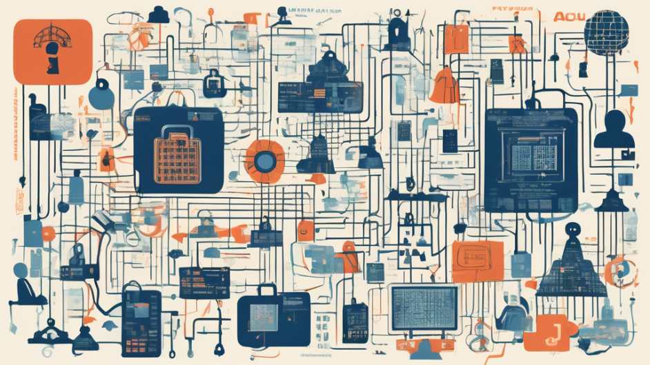 Create an image depicting a digital landscape with symbols of privacy and security, such as locks and keys, intertwined with elements representing the American Civil Liberties Union (ACLU), like scales of justice and the U.S. Constitution. Integrate abstract representations of the internet, like network grids and binary code, to convey a sense of modern digital space. The scene should evoke the theme of protecting individual rights in the online world.