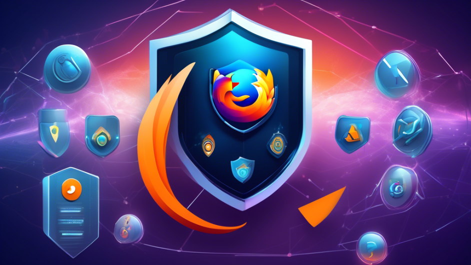 Create an image depicting a futuristic Firefox browser interface being enhanced by a shield symbol representing Avast Online Security & Privacy. The interface shows various tabs and security features actively blocking threats, while a digital lock icon adds a sense of privacy. There is a serene background resembling a cyber universe, emphasizing safety and innovation.